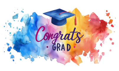 Watercolor-style graduation design featuring a graduation cap with 'Congrats Grad' text in vibrant colors, symbolizing celebration, creativity, and achievement