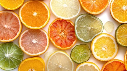 Fototapeta premium A close-up of sliced citrus fruits like oranges, lemons, and limes, arranged in a circular pattern on a white background, highlighting vibrant colors and juicy textures.