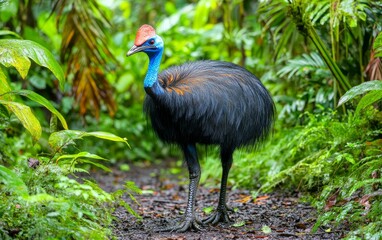 Naklejka premium A colorful cassowary with vivid blue neck and red wattle stands out against lush green rainforest vegetation, showcasing the exotic beauty of this flightless bird
