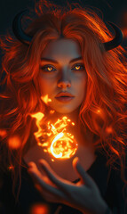 Young woman with fiery red hair and glowing eyes conjures a flame orb, embodying supernatural power and mystical energy