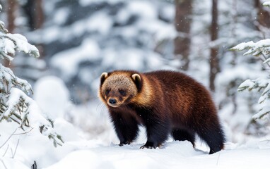 A stocky wolverine with thick brown fur traverses a snowy landscape, its keen eyes alert as it moves through a wintry forest dotted with snow-covered pine trees