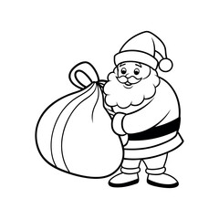 Santa Claus holding a large bag of gifts, with colorful ribbons spilling out of the top with black and white background