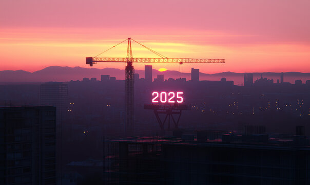 Illuminated "2025" sign on construction crane overlooking a city skyline at sunrise, symbolizing future urban development and technological advancement