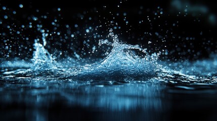 Dynamic water splash captured in a dark setting with highlighting droplets creating a mesmerizing effect at night