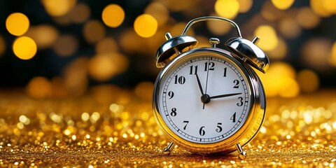 A gold and white alarm clock with the time of 11:15 on it