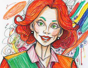 Obraz premium Funny Caricature of a Cute Woman on White Background