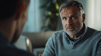 Fototapeta premium Middle-aged Caucasian male patient in therapy, discussing personal issues, softly lit room, neutral tones.