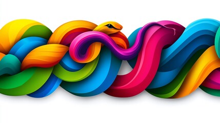 A colorful snake is wrapped around a colorful ribbon. The snake is yellow and has a long, thin body. The image is vibrant and playful, with a sense of movement