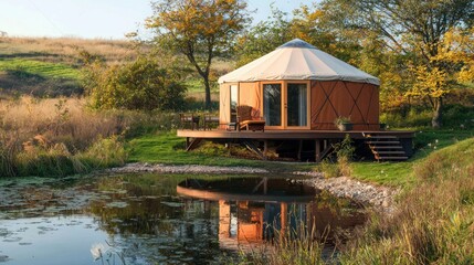 A modern yurt set in a scenic location, with a blend of contemporary design and natural beauty.
