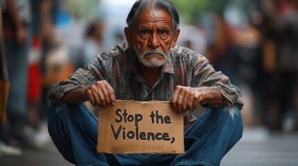 Candid photo of elderly Hispanic man protesting, sitting on ground, holding sign, large protest, solemn expression.