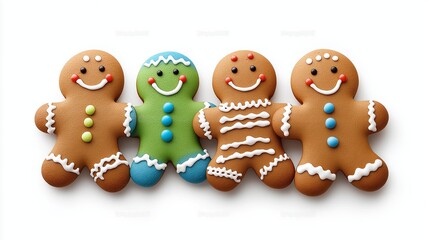 Fototapeta premium Four gingerbread men are smiling and wearing different colored clothes. They are lined up next to each other