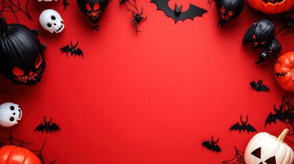 Spooky pumpkins and bats for Halloween on red
