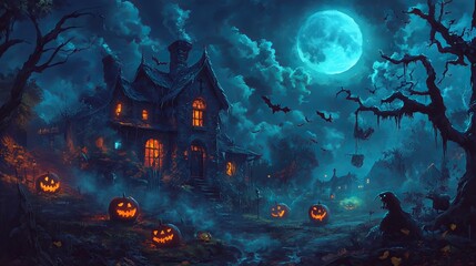 Obraz premium Eerie Halloween Night with Pumpkin Heads and Burning Candles