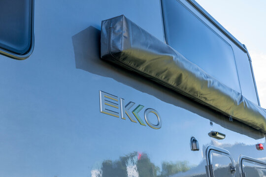 Loveland, CO, USA - August 24, 2024: Detail of Winnebago EKKO camper van, Class C coach, built on Ford AWD Transit Chassis.