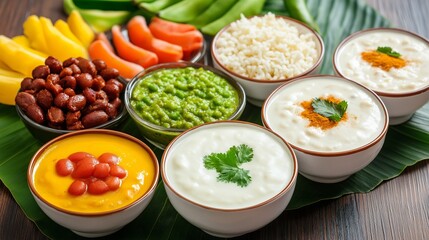 A table with a variety of bowls of food, including some with beans, rice, and vegetables