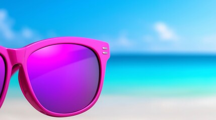 A pink pair of sunglasses with purple lenses. The sunglasses are on a beach with a blue sky in the background
