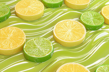 This vibrant image features lemon and lime slices elegantly floating on a glossy, green, rippled background, evoking freshness and zest.