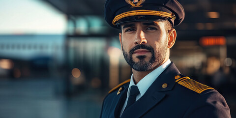 Obraz premium Handsome Hispanic pilot in uniform, greeting passengers at the airport gate