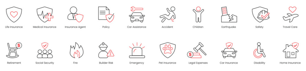 Life Insurance, Medical Insurance, Insurance Agent, Policy, Car Assistance, Accident, Children, Earthquake, Safety, Travel Care, Retirement, Social Security, Fire, Builder Risk, Emergency vector icons