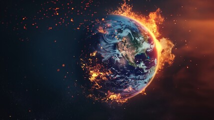 Earth burning and engulfed in flames, signifying a worldwide calamity and a shift in climate