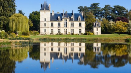 Obraz premium The tranquil scene features Surada Castle reflected in still water, framed by lush trees under a clear blue sky at sunrise in Bischofshofen, Austria during summer
