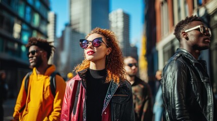 Obraz premium A vibrant urban scene with young people in stylish outfits, highlighting their role in shaping modern city culture.
