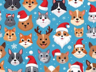 Santa Claus hats on different animals, like a cat, dog, each wearing a hat with a playful expression, set against a snowy background