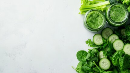 Obraz premium Fresh green healthy smoothie ingredients on white background including spinach, cucumber, and celery. Top view with copy space.