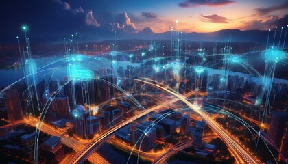 Fototapeta premium Modern city aerial view and communication network concept