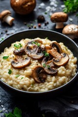 Indulgent Creamy Mushroom Risotto on Dark Background for Gourmet Food Photography