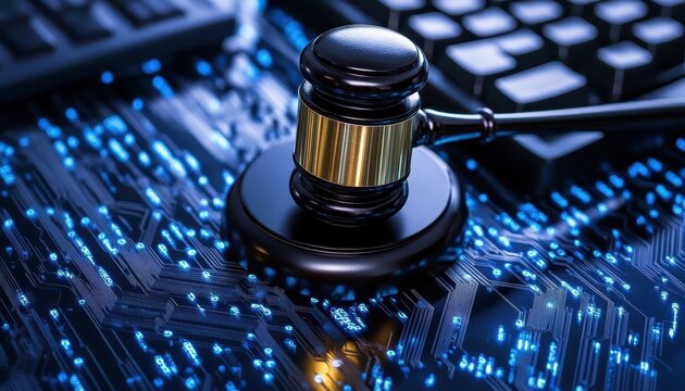 A digital event captures the synergy of law and technology, featuring a gavel on a circuit board background.