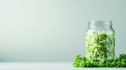 Fresh green lettuce leaves in a glass jar against a light background, showcasing healthy lifestyle and organic food concept.
