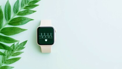 Smartwatch with heart rate monitor display on light background with green leaves, symbolizing health and wellness.