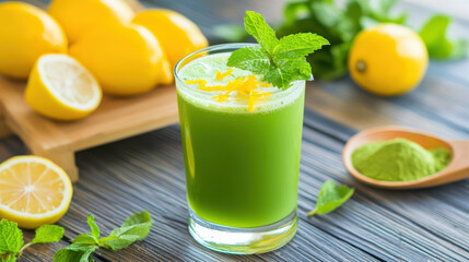 Refreshing green matcha with lemon slices and mint leaves, garnished with lemon zest and matcha powder on a wooden background