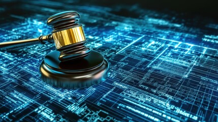 A gavel rests on a digital circuit board, symbolizing the intersection of law and technology in a modern legal context.
