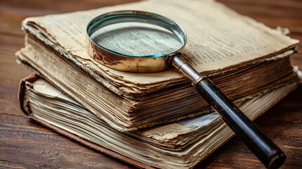 A close view of a stack of old books topped by a magnifying glass, suggesting the pursuit of knowledge and the exploration of historical and literary treasures.