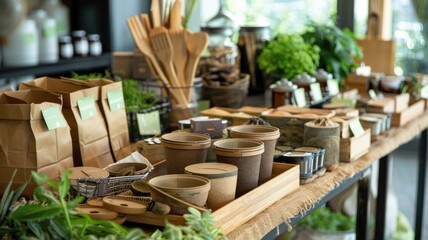 Table full of organic and eco-friendly products with green tags,