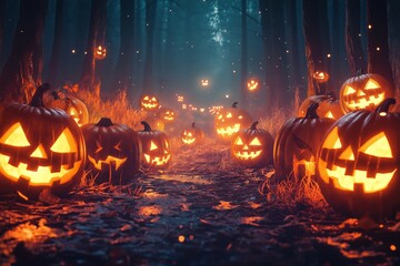 Fototapeta premium Pathway of glowing jack-o-lanterns in a spooky forest at night