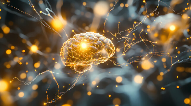 A photorealistic depiction of electrical pulses in a digital brain, with glowing gold and silver synapses, set against a sleek, metallic background. Photorealistic. Illustration