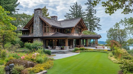 Obraz premium a large house with a lawn and a stone chimney on the front of it
