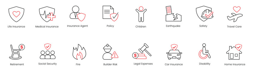 Life Insurance, Medical Insurance, Insurance Agent, Policy, Children, Earthquake, Safety, Travel Care, Retirement, Social Security, Fire, Builder Risk, Legal Expenses, Car Insurance, Disability icons