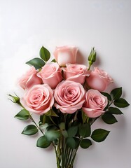 Fototapeta premium Fresh Pink Roses and Peonies Bouquet with Copy Space on White Background