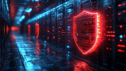 Obraz premium Cyber Security Concept - Glowing Shield Protecting Data Server Farm with Encryption Codes
