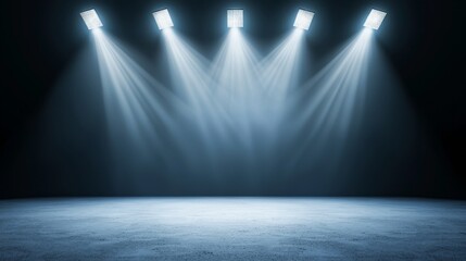 Football stadium at night with empty stage under powerful spotlights, electric atmosphere with blurred crowd lights, event anticipation