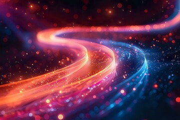 Obraz premium A vibrant abstract image featuring swirling lines of glowing orange and blue light, creating a dynamic and futuristic visual. Perfect for themes of technology, energy, and motion.