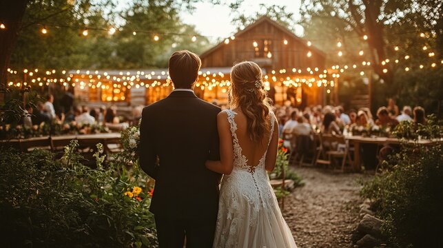 bride groom and guests at wedding reception outside in the backyard