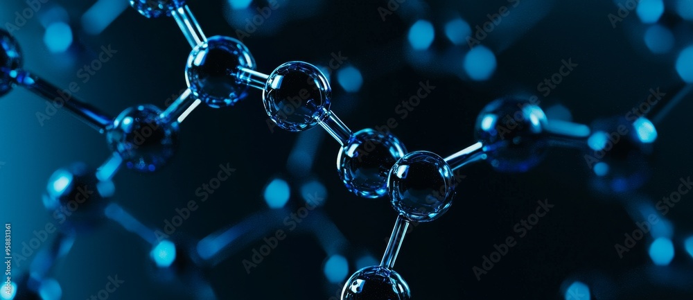 Poster Structure of blue molecules in 3D render. Cells and biological chains abstract concept.