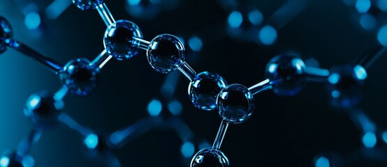 Structure of blue molecules in 3D render. Cells and biological chains abstract concept.