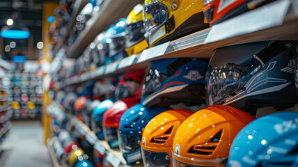 a wall of different colored helmets for kids in a store,