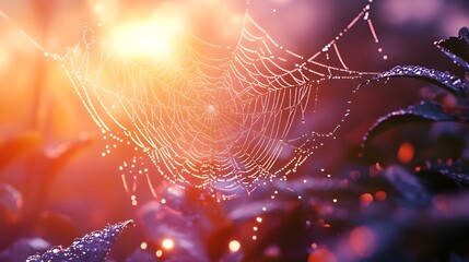 A 3D rendered spider web glistening with morning dew bathed in the soft glow of dawn s early light